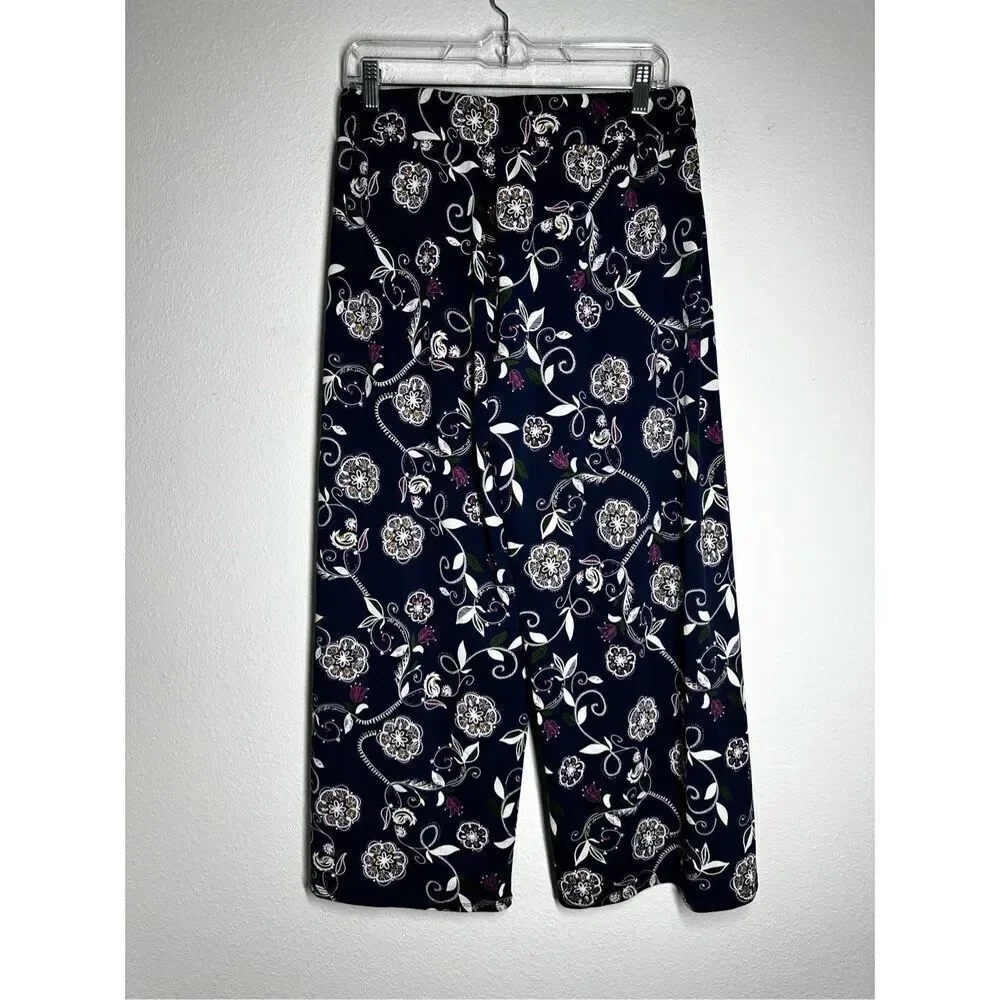 Ashley Blue Elastic Waist Boho Casual Pant Floral Print Size XL Navy Blue White